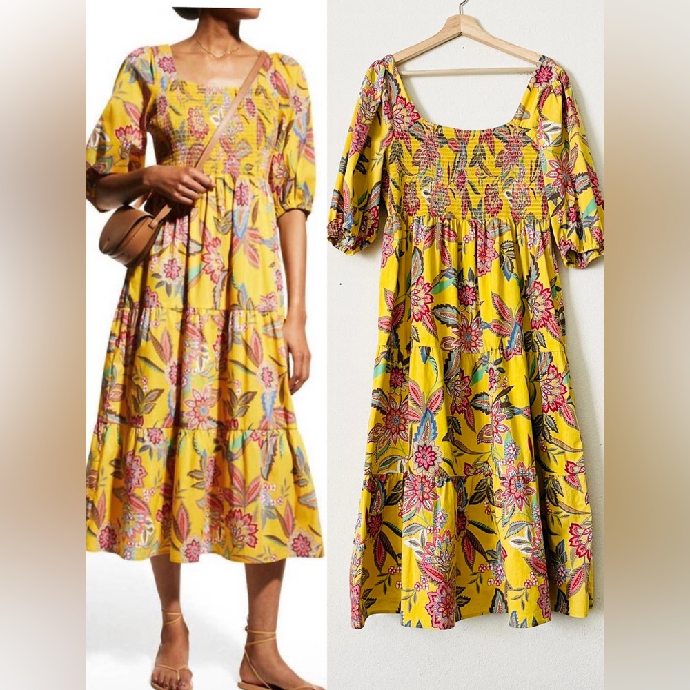 Johnny Was Yellow Floral Midi Dress